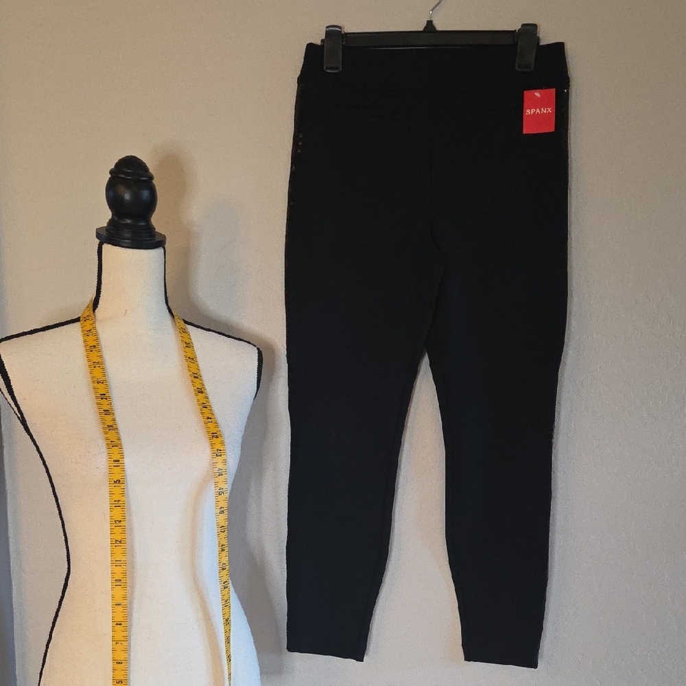 SPANX Black High-Rise Ponte Ankle-Length Side Sequin Trim Leggings NWT Size Med